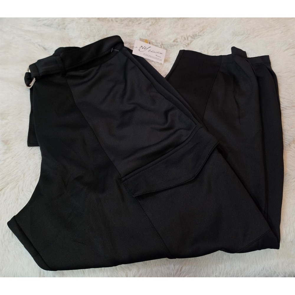 NWT NY Collection Woman Cargo Pants 2X Black Belted Utility Jogger Straight Leg